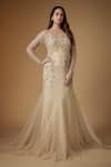 FATIZ_Gold Tulle, Lycra Sequins, Beads Square Champagne Embroidered Designer Gown _Online_at_Aza_Fashions