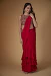Buy_FATIZ_Red Georgette, Tulle Sequins, Beads Round Designer Pre-draped Saree And Blouse Set _at_Aza_Fashions