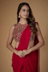 Buy_FATIZ_Red Georgette, Tulle Sequins, Beads Round Designer Pre-draped Saree And Blouse Set _Online_at_Aza_Fashions