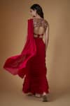 Shop_FATIZ_Red Georgette, Tulle Sequins, Beads Round Designer Pre-draped Saree And Blouse Set _at_Aza_Fashions
