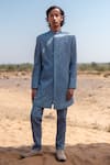 Buy_Amaare_Blue Cotton, Silk Embroidery Mandala Achkan Set _at_Aza_Fashions
