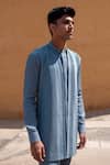 Shop_Amaare_Blue Cotton, Silk Chevron Shield Nehru Jacket Set _at_Aza_Fashions