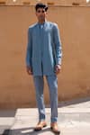 Buy_Amaare_Blue Cotton, Silk Chevron Shield Nehru Jacket Set _at_Aza_Fashions