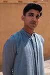 Shop_Amaare_Blue Cotton, Silk Chevron Shield Nehru Jacket Set _Online_at_Aza_Fashions