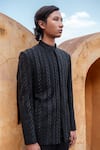 Shop_Amaare_Black Cotton, Silk Embroidery Cable Link Bandhgala Set _at_Aza_Fashions