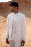 Shop_Amaare_Ivory Cotton, Silk Embroidery Designer Lotus Open Jacket Set _at_Aza_Fashions