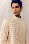 Shop_Amaare_Beige Denim, Silk Embroidery Chandi Kurta Set _Online_at_Aza_Fashions