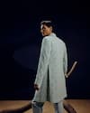 Amaare_Blue Silk, Wool, Organza Embroidery Ice Designer Achkan Set _at_Aza_Fashions