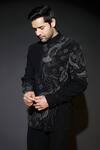 Courtyard By Abhi_Black Lycra Sequins, Embroidery Japanese Bandhgala Set _Online_at_Aza_Fashions