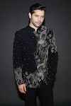 Buy_Courtyard By Abhi_Black Lycra Sequins, Embroidery Japanese Bandhgala Set _Online_at_Aza_Fashions