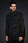 Buy_Courtyard By Abhi_Black Lycra Sequins, Embroidery Japanese Bandhgala Set _Online_at_Aza_Fashions