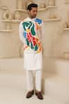 Shop_Courtyard by abhi_White Lycra Colourful Abstract Nehru Jacket And Kurta Set _at_Aza_Fashions