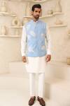 Shop_Courtyard By Abhi_Sky Blue Lycra Embroidery Handcrafted Nehru Jacket And Kurta Set _at_Aza_Fashions