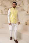 Shop_Courtyard by abhi_Yellow Lycra Handcrafted Nehru Jacket And Kurta Set _at_Aza_Fashions
