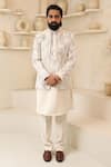Shop_Courtyard By Abhi_Ivory Lycra Embroidery Handcrafted Jacket Kurta Set _at_Aza_Fashions