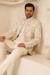 Courtyard By Abhi_Ivory Lycra Embroidery Handcrafted Kurta Pyjama Set _at_Aza_Fashions