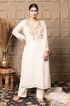 LABEL FLAMINGO BY VRINDA_Ivory Cotton, Silk Zari, Sequins Scoop Neck Zardozi Embroidered Kurta Set _Online_at_Aza_Fashions