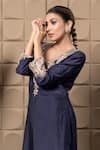Buy_LABEL FLAMINGO BY VRINDA_Blue Cotton, Silk Zari, Sequins Round Neck Zardozi Embroidered Kurta Set _Online_at_Aza_Fashions