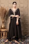 Buy_LABEL FLAMINGO BY VRINDA_Black Cotton, Silk Zari, Sequins V-neck Zardozi Embroidered Kaftan Set _at_Aza_Fashions