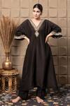 Shop_LABEL FLAMINGO BY VRINDA_Black Cotton, Silk Zari, Sequins V-neck Zardozi Embroidered Kaftan Set _Online_at_Aza_Fashions