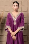 Buy_LABEL FLAMINGO BY VRINDA_Purple Cotton, Silk Zari, Pearls, Sequins V-neck Zardozi Embroidered Kaftan Set _Online_at_Aza_Fashions