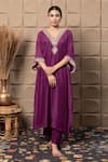 Buy_LABEL FLAMINGO BY VRINDA_Purple Cotton, Silk Zari, Pearls, Sequins V-neck Zardozi Embroidered Kaftan Set _at_Aza_Fashions