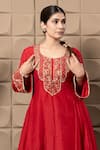 LABEL FLAMINGO BY VRINDA_Maroon Cotton, Silk Metallic Thread, Sequins Round Zardozi Embroidered Kurta Set _Online_at_Aza_Fashions