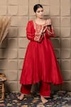 Buy_LABEL FLAMINGO BY VRINDA_Maroon Cotton, Silk Metallic Thread, Sequins Round Zardozi Embroidered Kurta Set _Online_at_Aza_Fashions