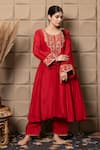 Shop_LABEL FLAMINGO BY VRINDA_Maroon Cotton, Silk Metallic Thread, Sequins Round Zardozi Embroidered Kurta Set _Online_at_Aza_Fashions