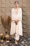 Buy_LABEL FLAMINGO BY VRINDA_Ivory Cotton, Silk Zari Round Neck Zardozi Embroidered Kurta Pant Set _at_Aza_Fashions
