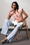 Buy_Madder Much_Peach Handloom , And Blue Blazer Pant Set 