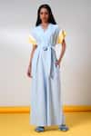 Buy_Madder Much_Blue Cotton V-neck Ice Handloom Jumpsuit And Belt _at_Aza_Fashions