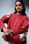 Madder Much_Red Cotton Embroidery Collared Bloom And Beyond Brick Top & Pant Set _Online_at_Aza_Fashions