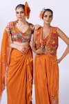 Shop_Merge Design_Orange Modal, Satin, Organza Embroidery, Beads Applique Embellished Dhoti Set _Online_at_Aza_Fashions