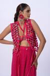 Shop_Merge Design_Pink Modal, Satin, Georgette Embroidery Open Neck Trellis Work Blouse And Pant Set _Online_at_Aza_Fashions