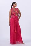 Merge Design_Pink Modal, Satin, Georgette Embroidery Open Neck Trellis Work Blouse And Pant Set _at_Aza_Fashions