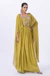 Buy_Merge Design_Green Chiffon Mirrors, Applique Round Neck Embroidered Kaftan _at_Aza_Fashions