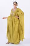 Merge Design_Green Chiffon Mirrors, Applique Round Neck Embroidered Kaftan _Online_at_Aza_Fashions