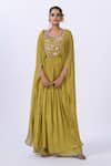 Buy_Merge Design_Green Chiffon Mirrors, Applique Round Neck Embroidered Kaftan _Online_at_Aza_Fashions