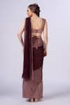 Shop_Merge Design_Wine Organza, Georgette Applique, Embroidery Round Neck Blouse And Saree Set _at_Aza_Fashions