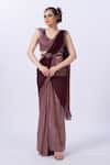 Buy_Merge Design_Wine Organza, Georgette Applique, Embroidery Round Neck Blouse And Saree Set _at_Aza_Fashions