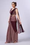 Merge Design_Wine Organza, Georgette Applique, Embroidery Round Neck Blouse And Saree Set _Online_at_Aza_Fashions