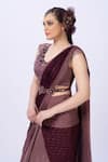 Buy_Merge Design_Wine Organza, Georgette Applique, Embroidery Round Neck Blouse And Saree Set _Online_at_Aza_Fashions