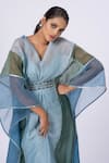 Shop_Merge Design_Blue Chiffon Mirrors V-neck Designer Kaftan With Inner Slip _Online_at_Aza_Fashions