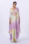 Merge Design_Purple Modal, Satin V-neck Tie-dye Kaftan With Corset Belt _Online_at_Aza_Fashions