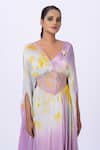 Shop_Merge Design_Purple Modal, Satin V-neck Tie-dye Kaftan With Corset Belt _Online_at_Aza_Fashions