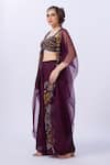 Buy_Merge Design_Wine Modal, Satin, Organza, Chiffon Sequins, Embroidery Round Blouse And Pant Set _Online_at_Aza_Fashions