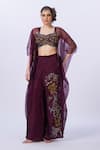 Buy_Merge Design_Wine Modal, Satin, Organza, Chiffon Sequins, Embroidery Round Blouse And Pant Set _at_Aza_Fashions