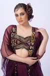 Shop_Merge Design_Wine Modal, Satin, Organza, Chiffon Sequins, Embroidery Round Blouse And Pant Set _Online_at_Aza_Fashions