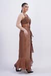 Merge Design_Brown Chiffon, Organza Sequins, Stones Plunge Neck Beige Embroidered Saree Set _Online_at_Aza_Fashions
